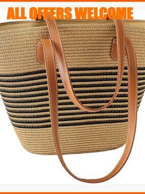 Straw Beach Tote with Leather Shoulder Strap, Large Capacity, Lightweight